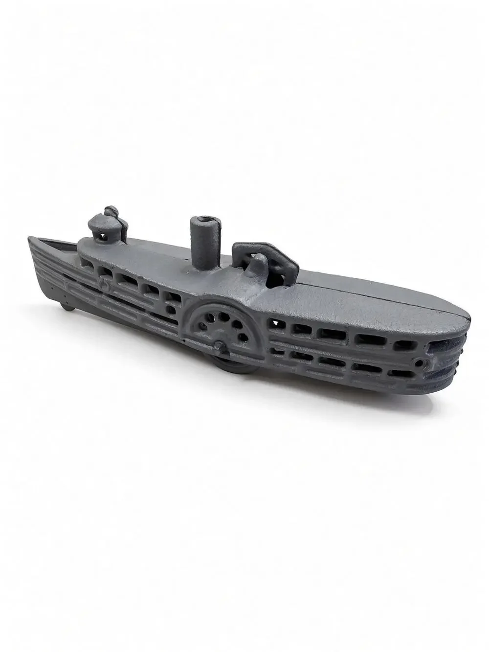 Vintage Cast Iron Riverboat Toy, Gray Steamboat, Paddle Wheel Pull Toy, 7.5 Inch